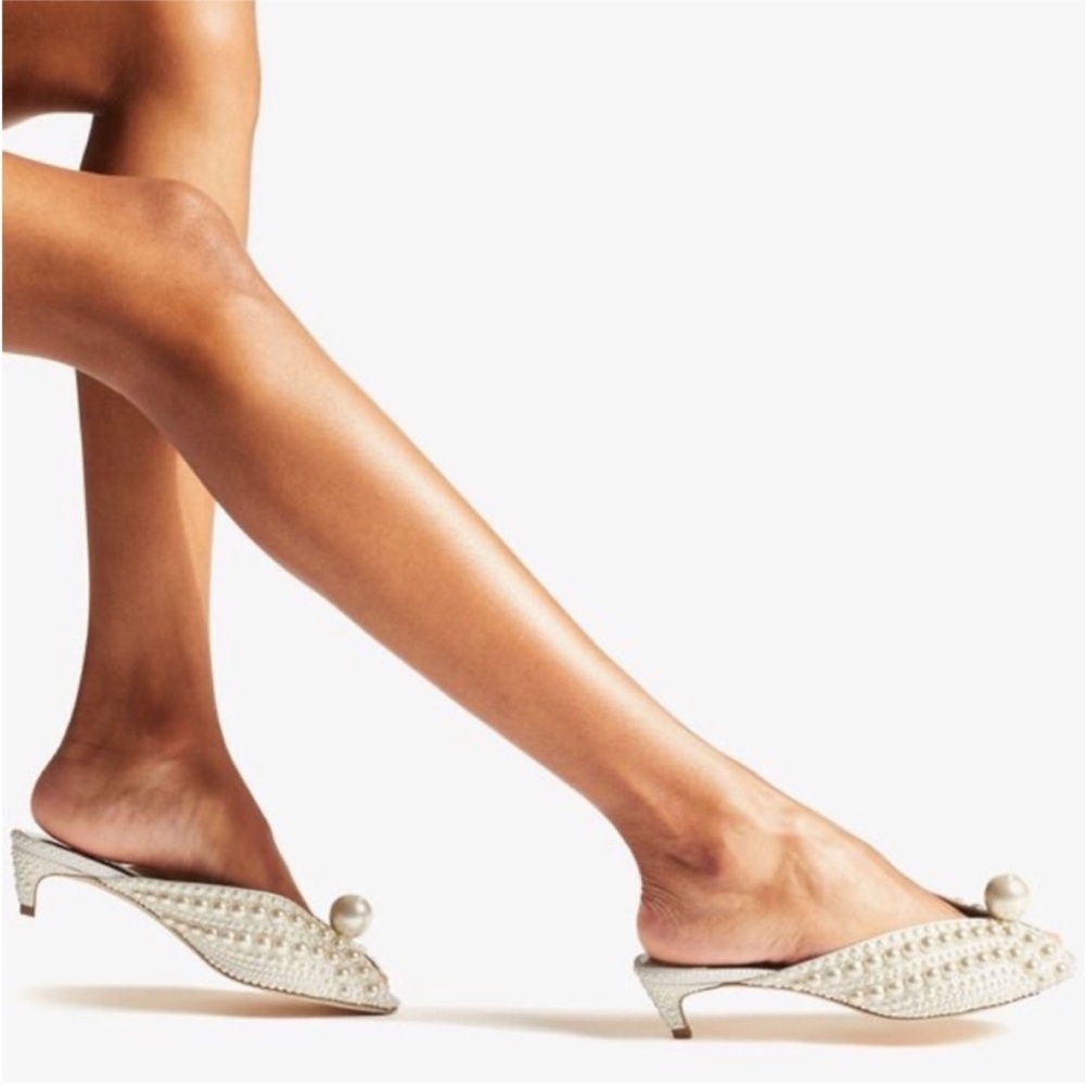 New JIMMY CHOO Samantha 35 White Satin Mules With All-Over Pearls 37 $1,895 - Picture 3 of 15